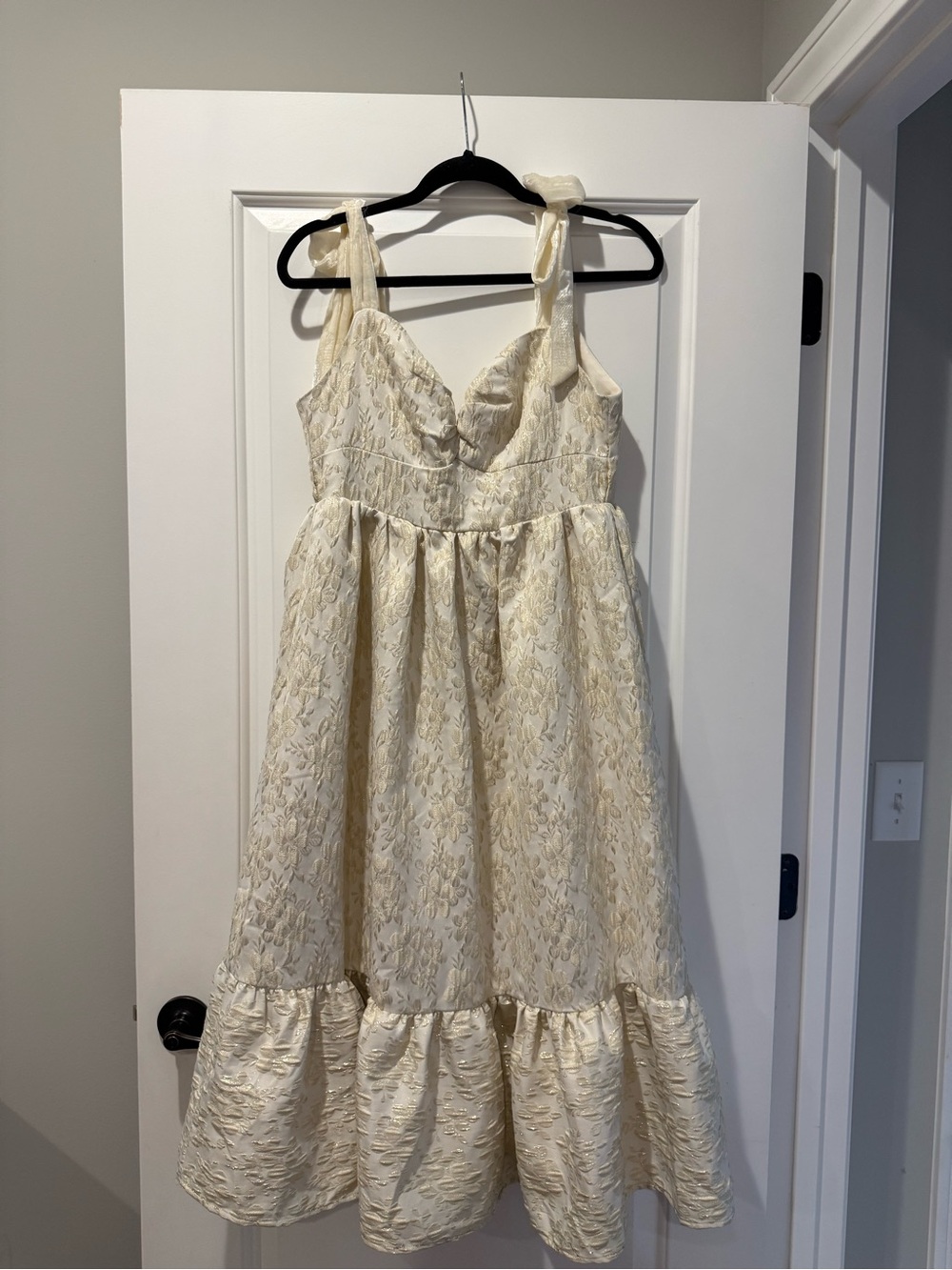 Ivory Brocade Tie-Shoulder Formal Dress